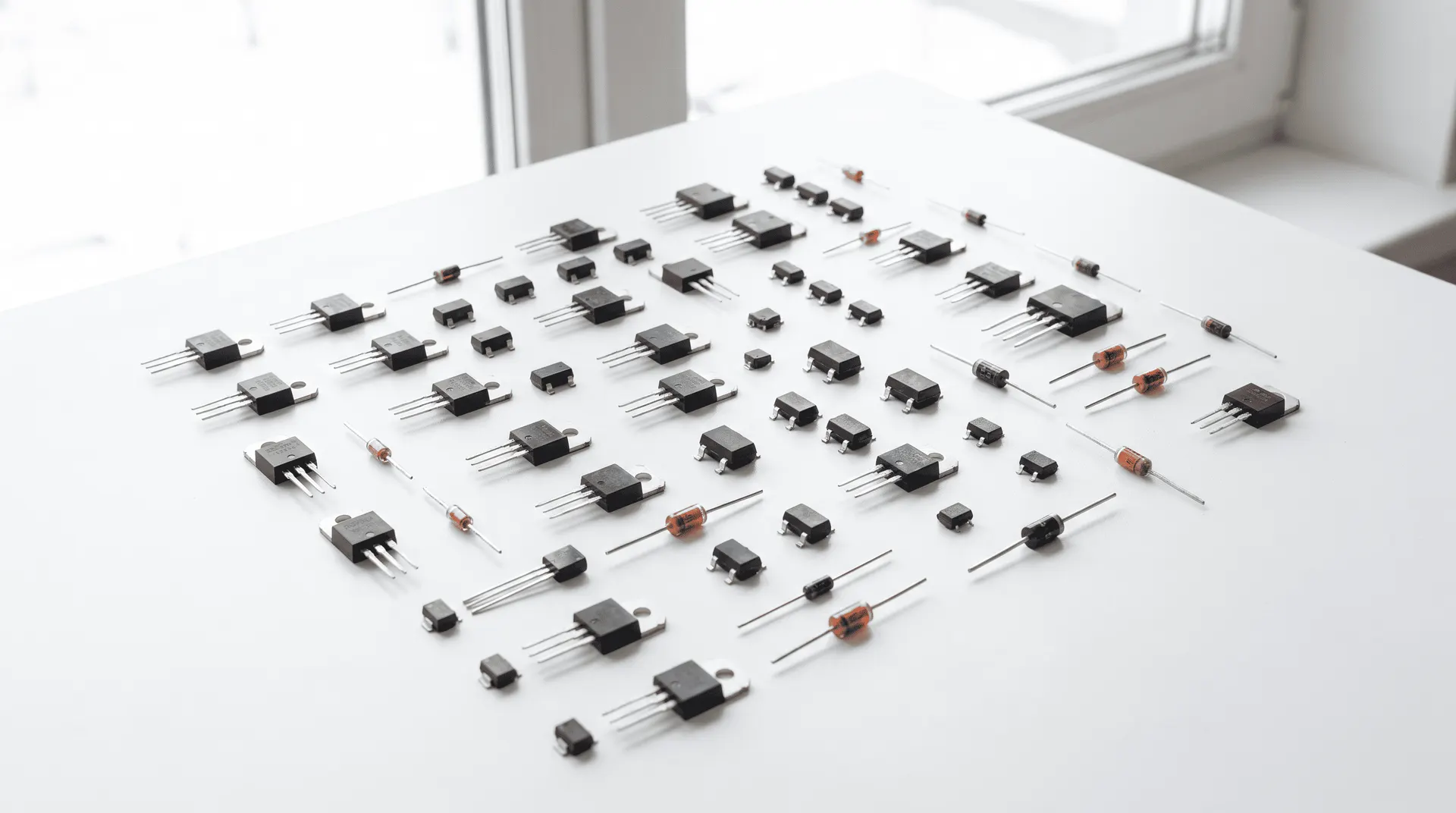 Assorted MOSFETs, transistors and diodes in TO-220 and SOT-23 packages