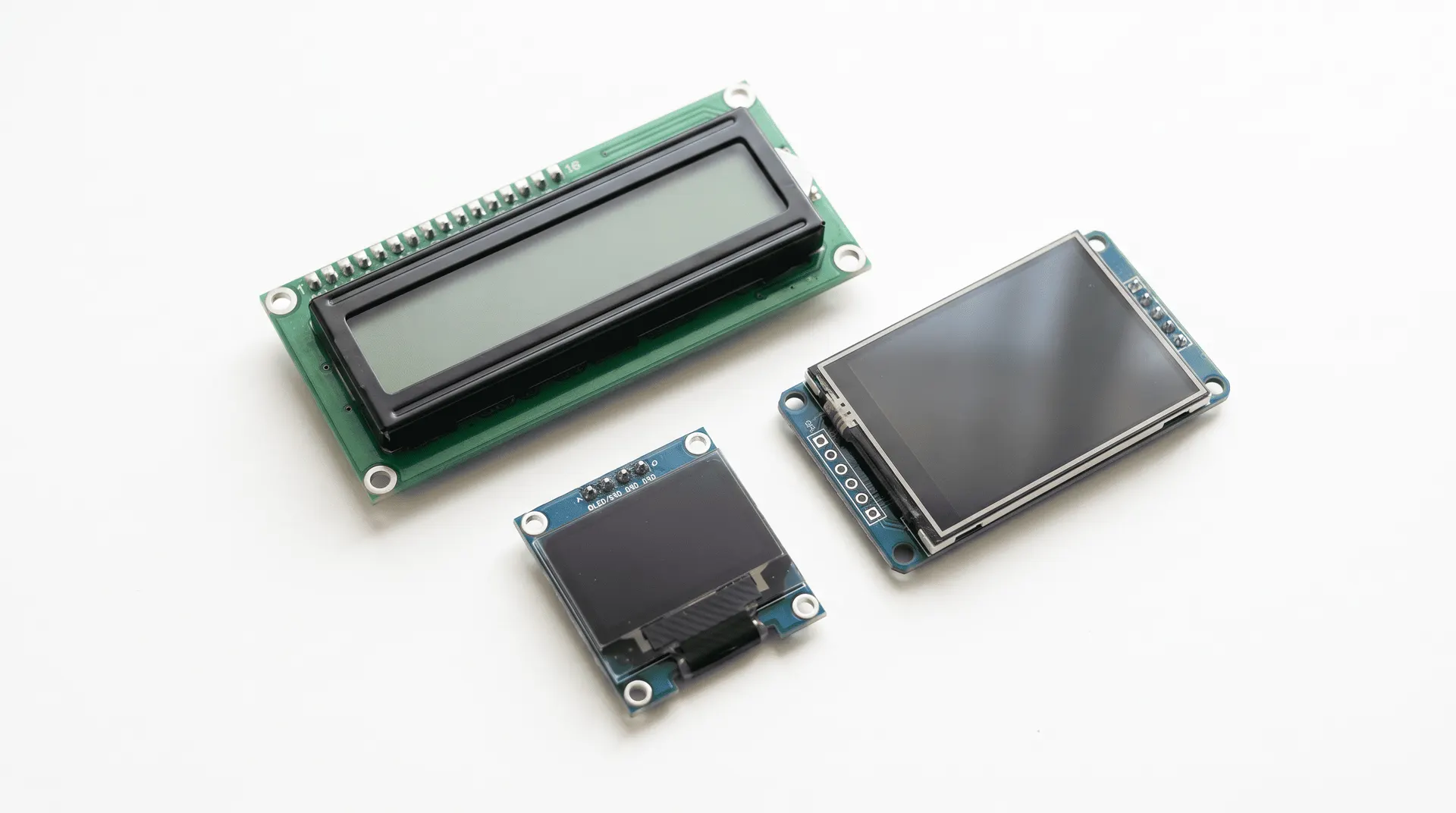 Character LCD and small OLED/TFT display modules on a light surface
