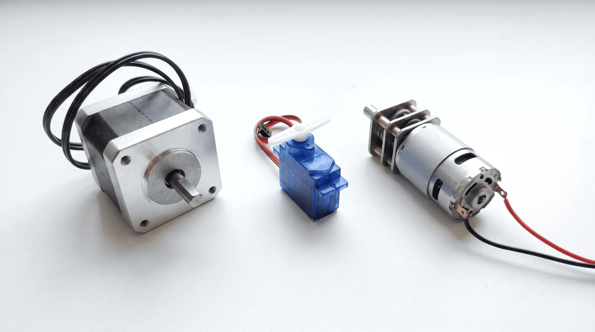NEMA 17 stepper motor, micro servo and small geared DC motor on a light surface
