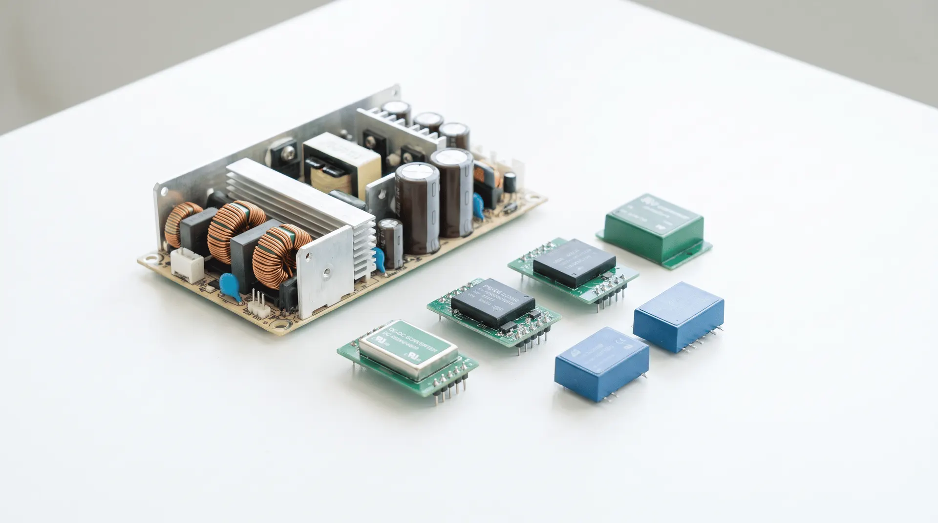 Open-frame SMPS unit and DC-DC converter modules on a light surface