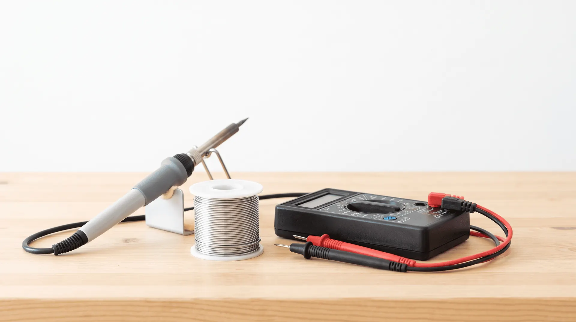 Soldering iron, solder spool and digital multimeter arranged on a light bench