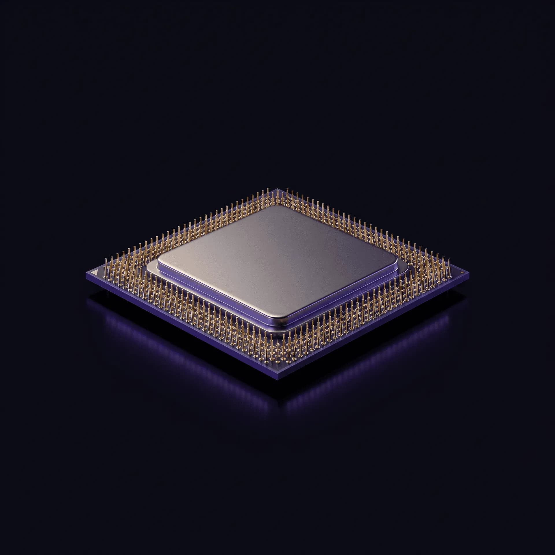Semiconductor processor chip with gold pins on a dark surface with purple accent lighting