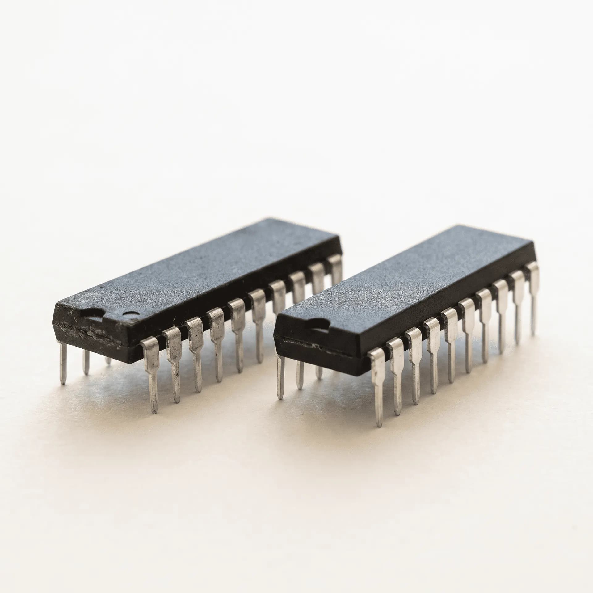 Two similar integrated-circuit chips side by side, an original part and an alternate